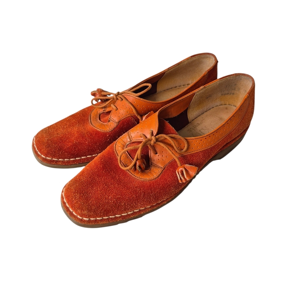 Vintage 70s Brevitt England Orange Suede Lace-Up Oxford Loafer Shoes